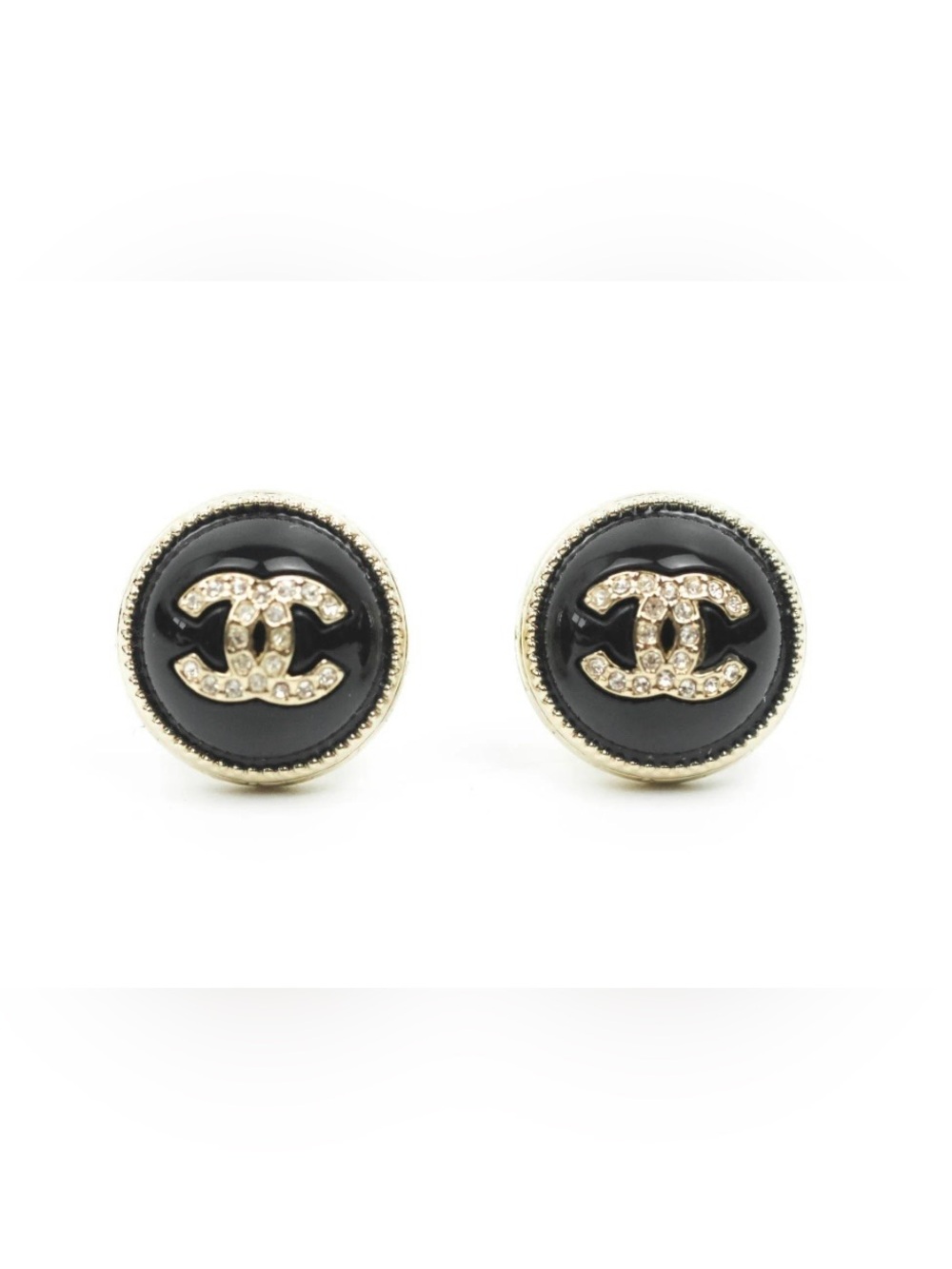 Double C Black Resin and Crystal Round Stud Earrings